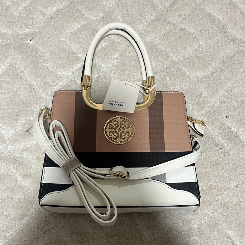 Elegant Striped Handbag - White, Black, Brown